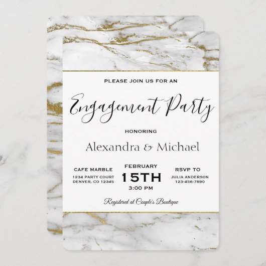 Einladung zu Engagement Party White & Gold Marmor (Vorne/Hinten)