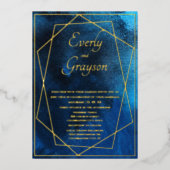 Einladung zu geometrischen Blauen und Gold-Hochzei (Vorderseite)