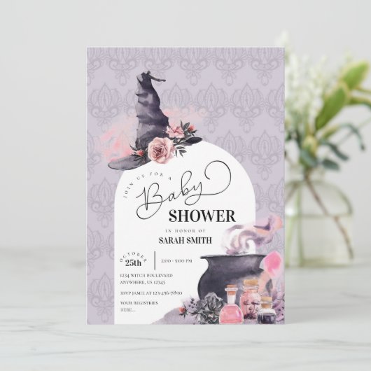 Einladung zu Halloween Witch Baby Shower (Stehend Vorderseite)