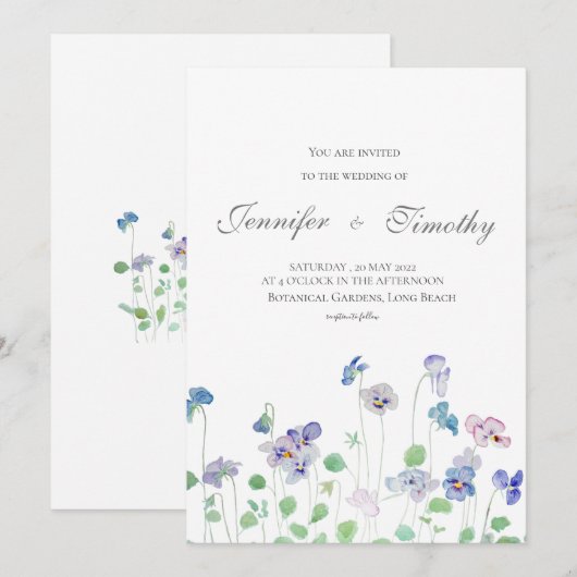 Einladung zu Hochzeiten botanische Stiefmütterchen (Vorne/Hinten)