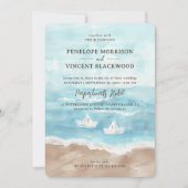 Einladung zu Hochzeiten von Papierbooten am Strand (Vorderseite)