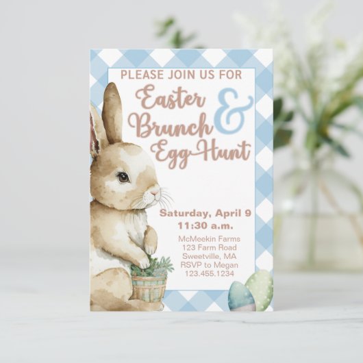 Einladung zu Ostern, Blauer Gingham, Wasserfarbe (Stehend Vorderseite)