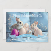 Einladung zu Ostern Zwei Kaninchen & Ostereier (Vorderseite)