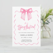 Einladung zu Pink Bow Script Bridal Dusche (Stehend Vorderseite)