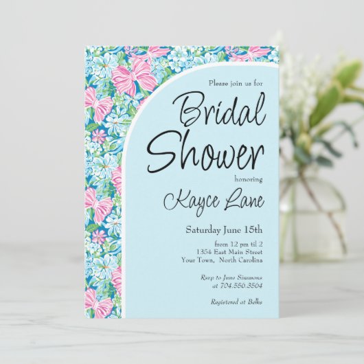 Einladung zu Preppy Blue and Pink Bridal Dusche (Stehend Vorderseite)