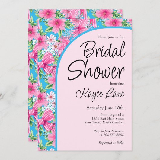 Einladung zu Preppy Blue and Pink Bridal Dusche (Vorne/Hinten)