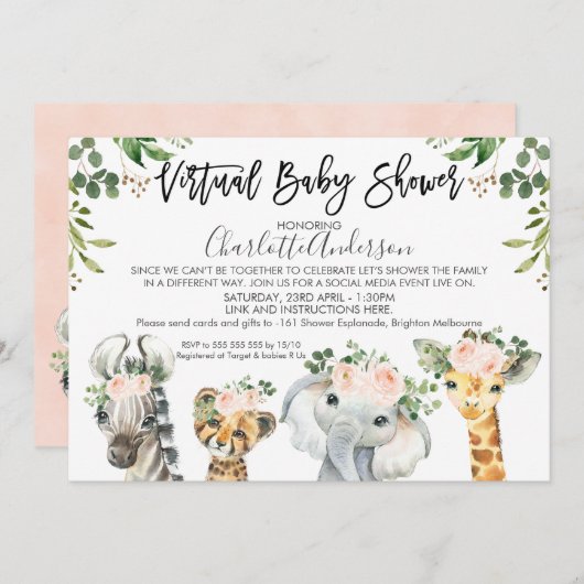 Einladung zu Safari Animals Virtual Baby Shower (Vorne/Hinten)