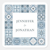 Einladung zu spanischen Fliesen in Blau und Grau Quadratischer Aufkleber (Vorderseite)