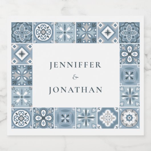 Einladung zu spanischen Fliesen in Blau und Grau Schaumweinetikett (Einzelnes Label)