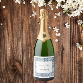 Einladung zu spanischen Fliesen in Blau und Grau Schaumweinetikett