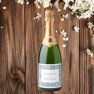 Einladung zu spanischen Fliesen in Blau und Grau Schaumweinetikett