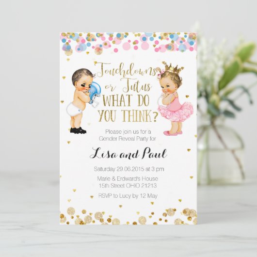 Einladung zu Touchdowns oder Tutus-Gender-Aufkläru (Stehend Vorderseite)