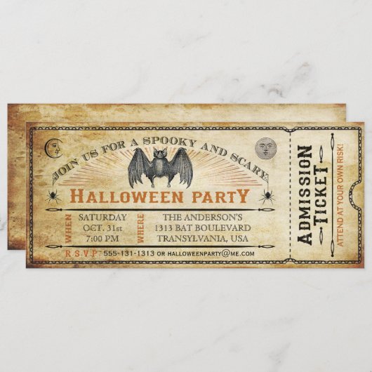 Einladung zu Vintagen Bat Halloween Tickets (Vorne/Hinten)