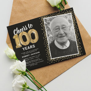 Einladung zum 100. Geburtstag mit goldenen Ballons