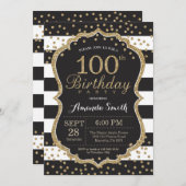 Einladung zum 100. Geburtstag. Schwarz-Gold-Glitze (Vorne/Hinten)