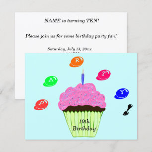Einladung zum 10. Geburtstag mit Cupcake und Candy