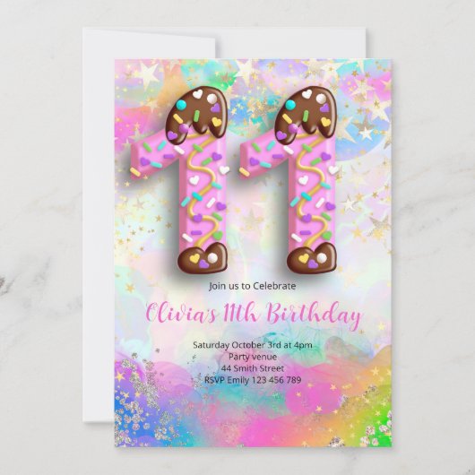 Einladung zum 11. Geburtstag für Mädchen (Vorderseite)