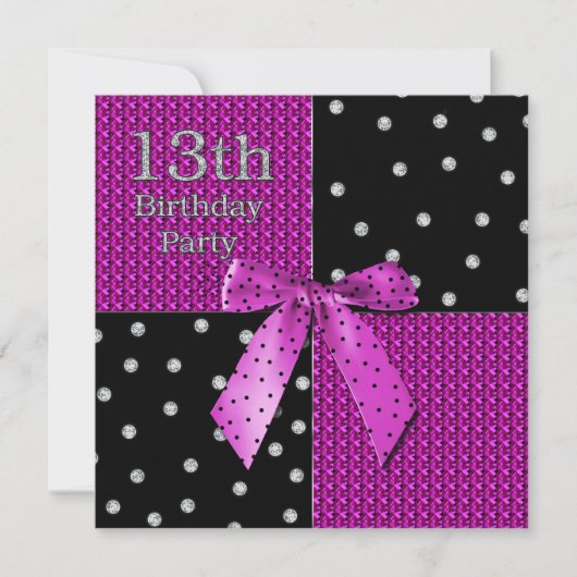 Einladung zum 13. Geburtstag - Fuchsia/Black Polka (Vorderseite)