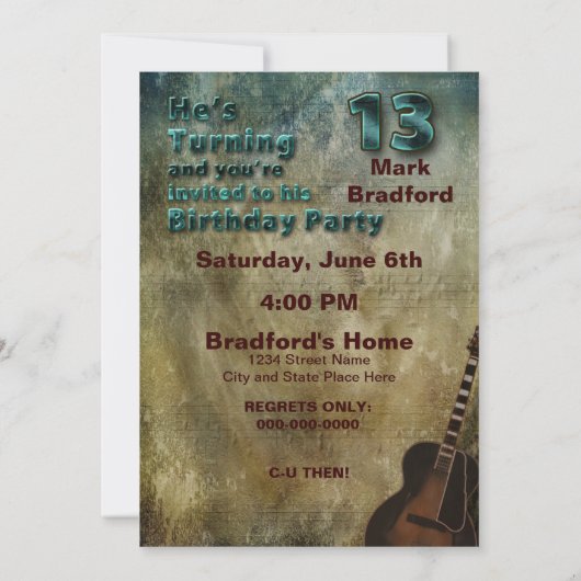 Einladung zum 13. Geburtstag - Gitarre/Männchen (Rückseite)