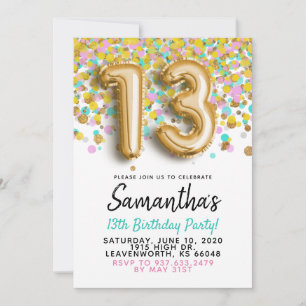 Einladung zum 13. Geburtstag mit goldenem Konfetti