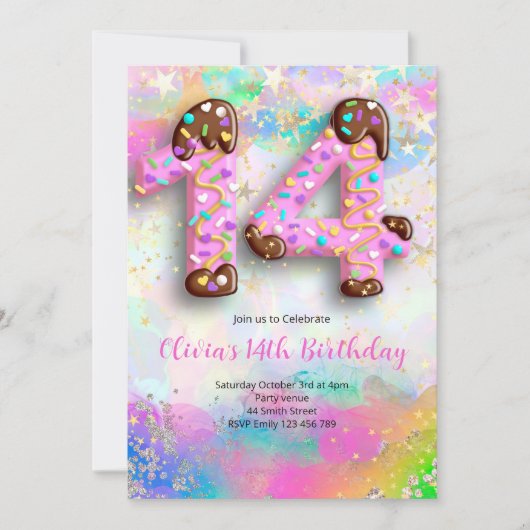 Einladung zum 14. Geburtstag für Mädchen (Vorderseite)