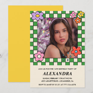 Einladung zum 14. Geburtstag Retro Groovy Blumen