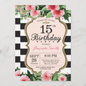 Einladung zum 15. Geburtstag. Floral Pink Gold Bla (Vorne/Hinten)