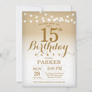 Einladung zum 15. Geburtstag mit goldenen Lichterk