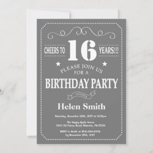 Einladung zum 16. Geburtstag Grau und Weiß