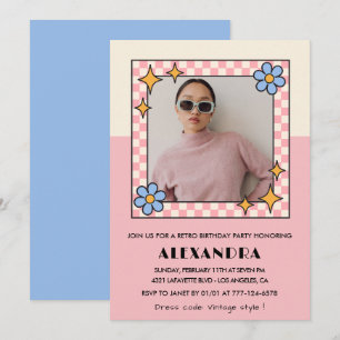 Einladung zum 19. Geburtstag Retro Groovy Pink Blu