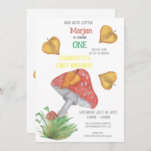 Einladung zum 1. Geburtstag "Charming Mushroom" (Vorne/Hinten)