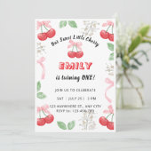 Einladung zum 1. Geburtstag Cherry Bows Mädchen Ro (Stehend Vorderseite)