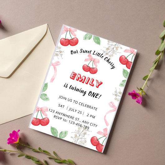 Einladung zum 1. Geburtstag Cherry Bows Mädchen Ro