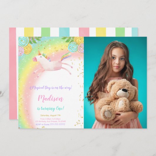 Einladung zum 1. Geburtstag Einhorn Foto (Vorne/Hinten)