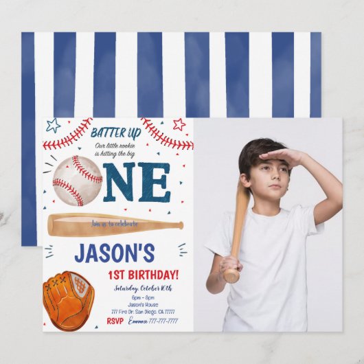 Einladung zum 1. Geburtstag Foto Baseball (Vorne/Hinten)