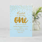 Einladung zum 1. Geburtstag Light Blue & Gold Conf (Stehend Vorderseite)