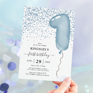 Einladung zum 1. Geburtstag mit blauem Luftballon 