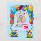 Einladung zum 1. Geburtstag mit Cartoon & Ballons (Vorne/Hinten)
