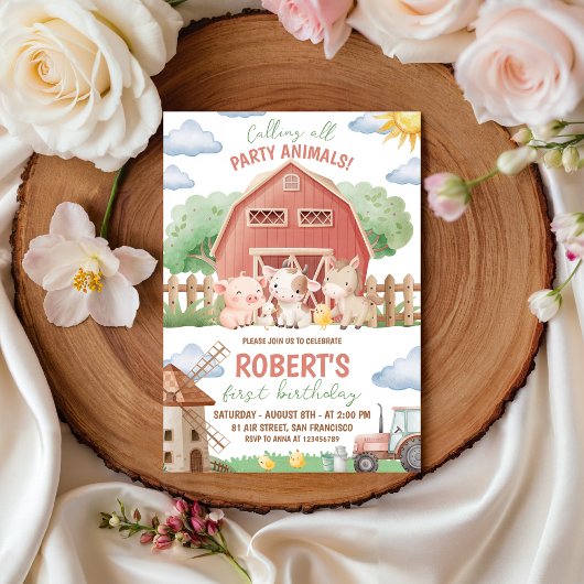 Einladung zum 1. Geburtstag mit Farmtieren