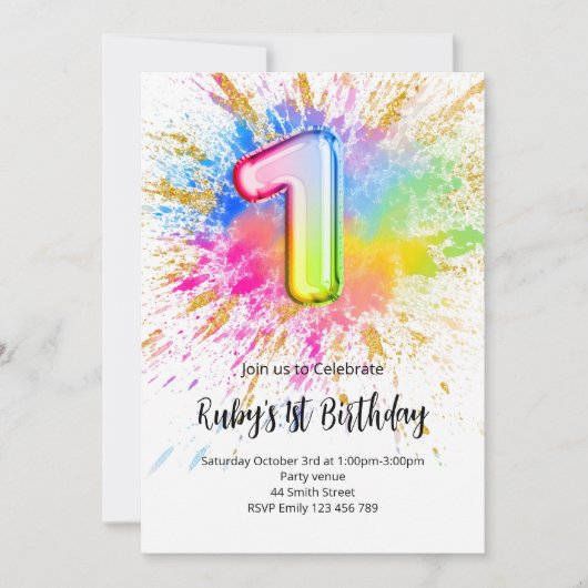 Einladung zum 1. Geburtstag mit Regenbogen-Farbspr (Vorderseite)