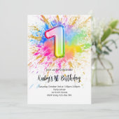 Einladung zum 1. Geburtstag mit Regenbogen-Farbspr (Stehend Vorderseite)