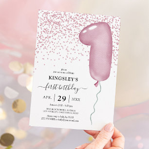 Einladung zum 1. Geburtstag mit rosa Ballon für Ki