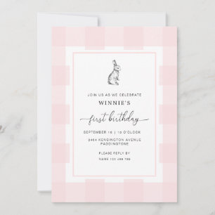 Einladung zum 1. Geburtstag mit rosa Gingham-Hasen