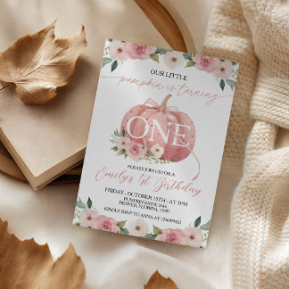 Einladung zum 1. Geburtstag mit rosa Kürbis und Bl