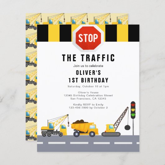 Einladung zum 1. Geburtstag Party Bauwagen (Vorne/Hinten)