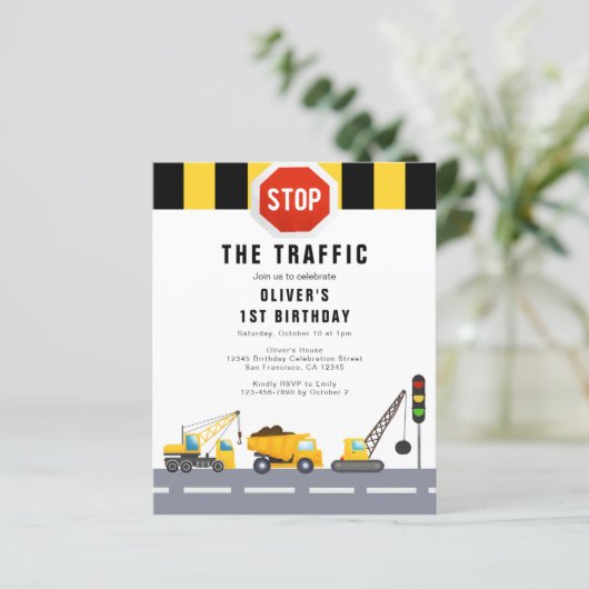 Einladung zum 1. Geburtstag Party Bauwagen (Stehend Vorderseite)