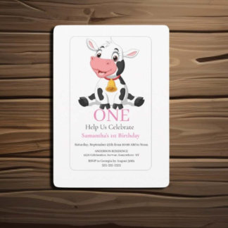 Einladung zum 1. Geburtstag Pink White Baby Cow