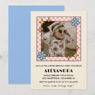Einladung zum 1. Geburtstag Retro Groovy Blau Blum