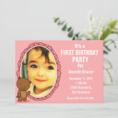 Einladung zum 1. Geburtstag - Teddy Bear Pink (Stehend Vorderseite)