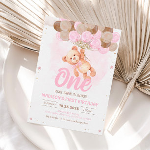 Einladung zum 1. Geburtstag Teddybär Mädchen Rosa